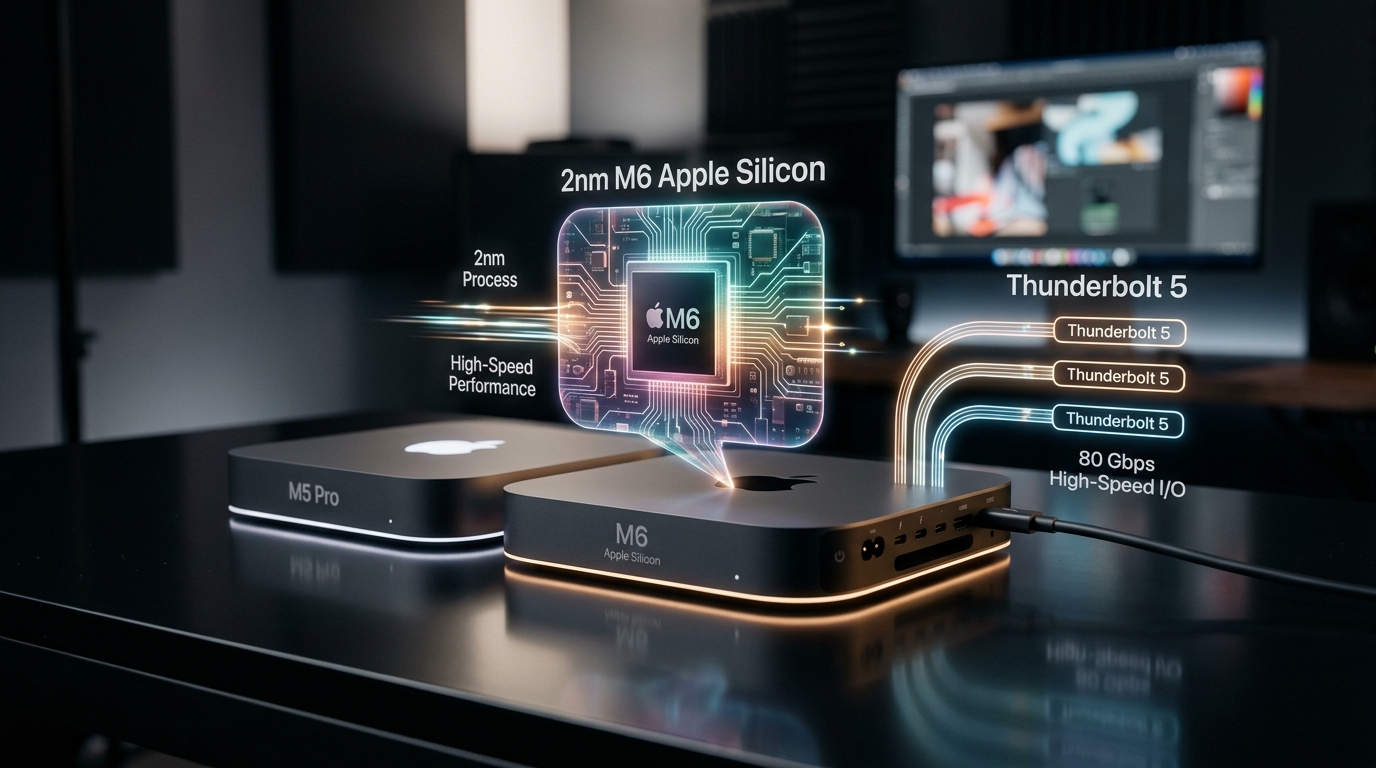 Mac mini M6 2nm 晶片架構與 Thunderbolt 5 示意圖